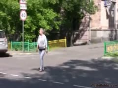 Blonde Russian strumpet pees in her panties and walks in public place